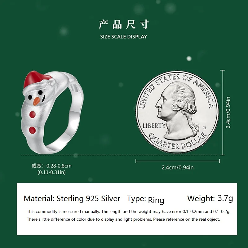 Snowman cincin 925 perak untuk wanita manis perhiasan Aksesori ukuran 6 7 8 cincin perak murni cincin Natal gratis pengiriman