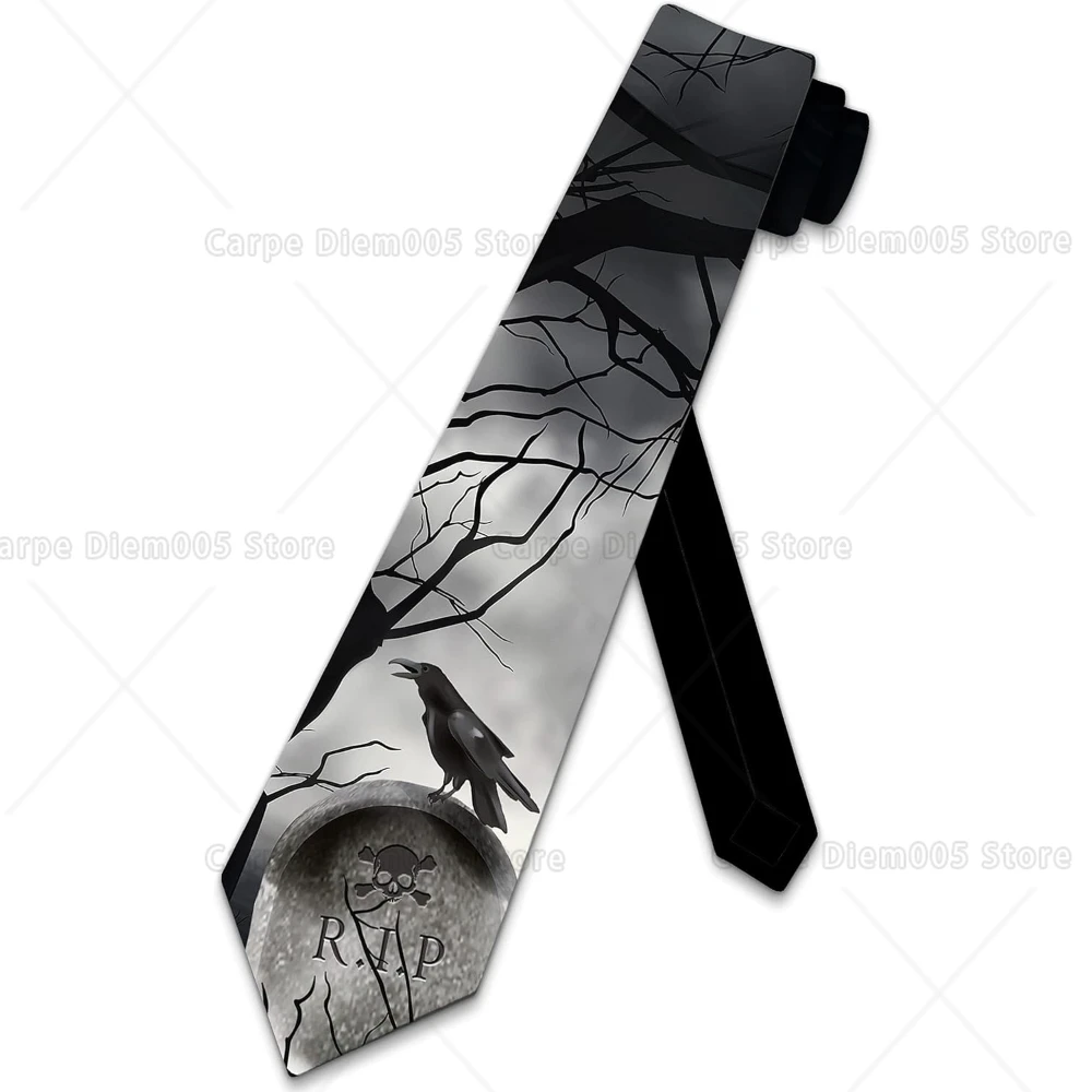 Raven R.I.P Halloween Skull Ties Mens Tombstone Necktie Crow Tie for Men Women Ties Designer Gothic Theme Decor Print
