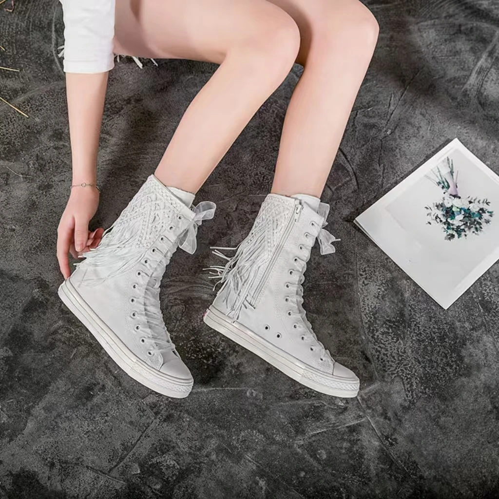 

Handmade lace tassel canvas shoes large size high top casual sports women's shoes 34-43
