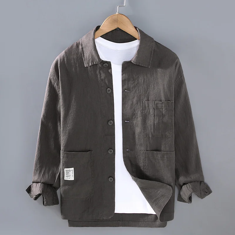 Autumn Retro Tooling Linen Jacket For Men Japanese Styles Sold Color Simple Versatile Multi-pocket Male Thin Jackets and Coats