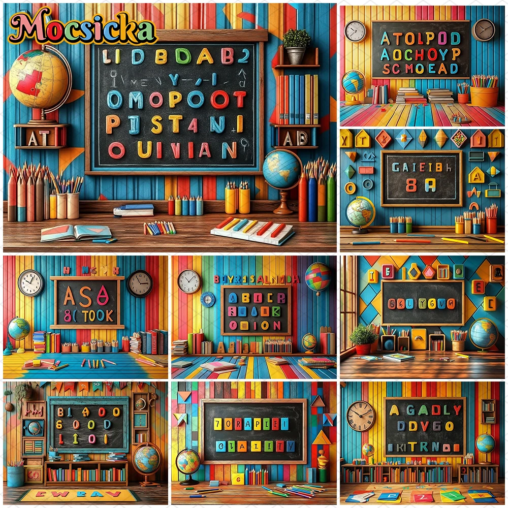 

Mocsicka Blackboard Letters Photography Backdrop Globe Book Colorful Wall Classroom Decors School Student Child Photo Background