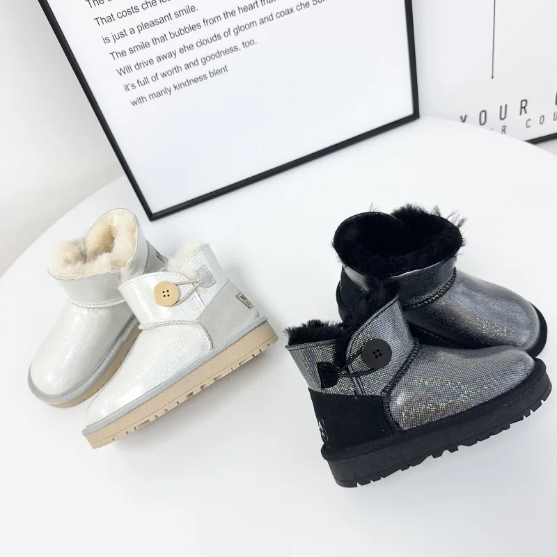 

Winter Kids Snow Boots Sparkling Genuine Leather Warm Wool Girl's Ankle Boots Cow Leather Non-slip Boys Children's Casual Shoes