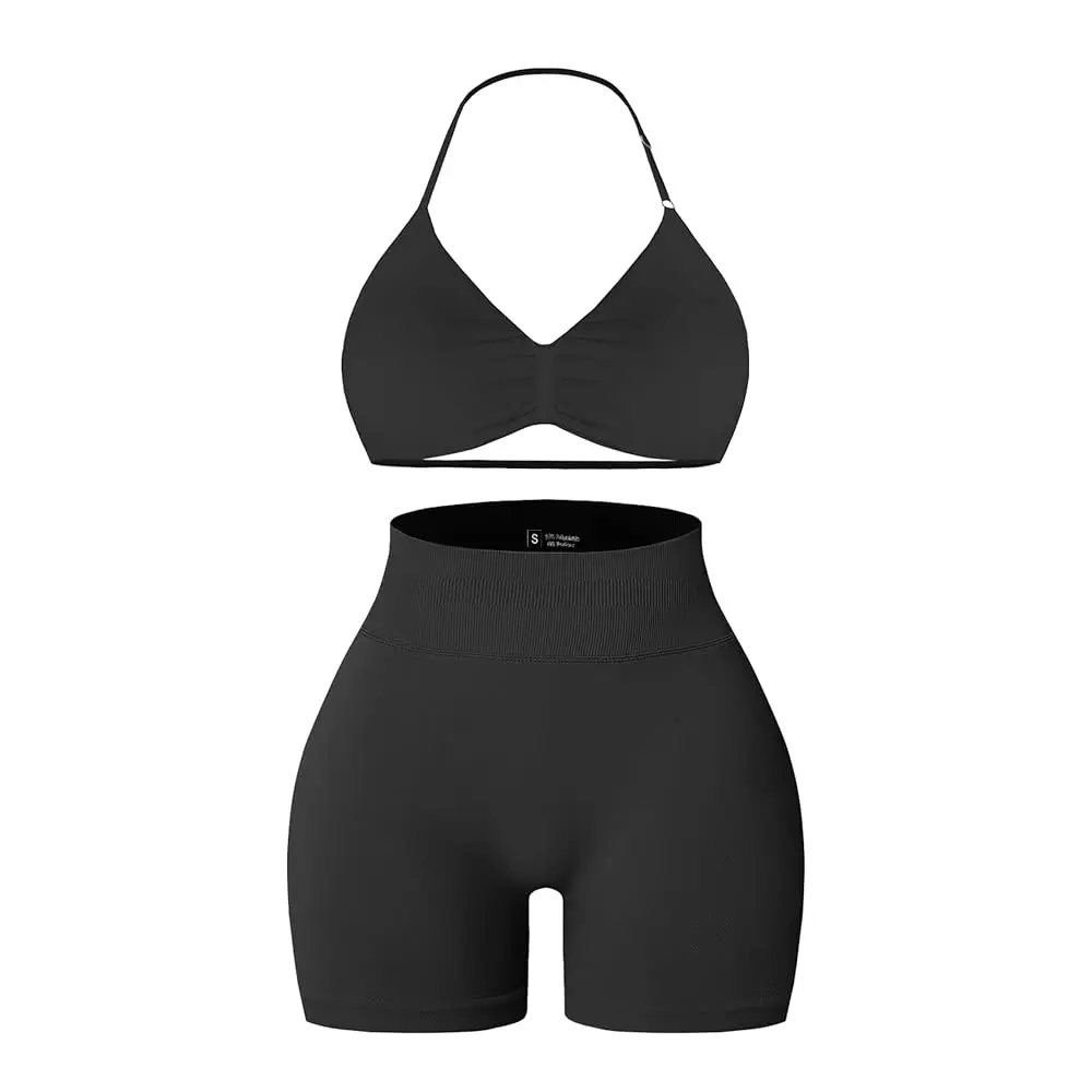 

Free Shipping - 2 Piece Workout Sets for Women Halter Strappy Sports Bra with Seamless Ribbed Gym Yoga shorts Outfits
