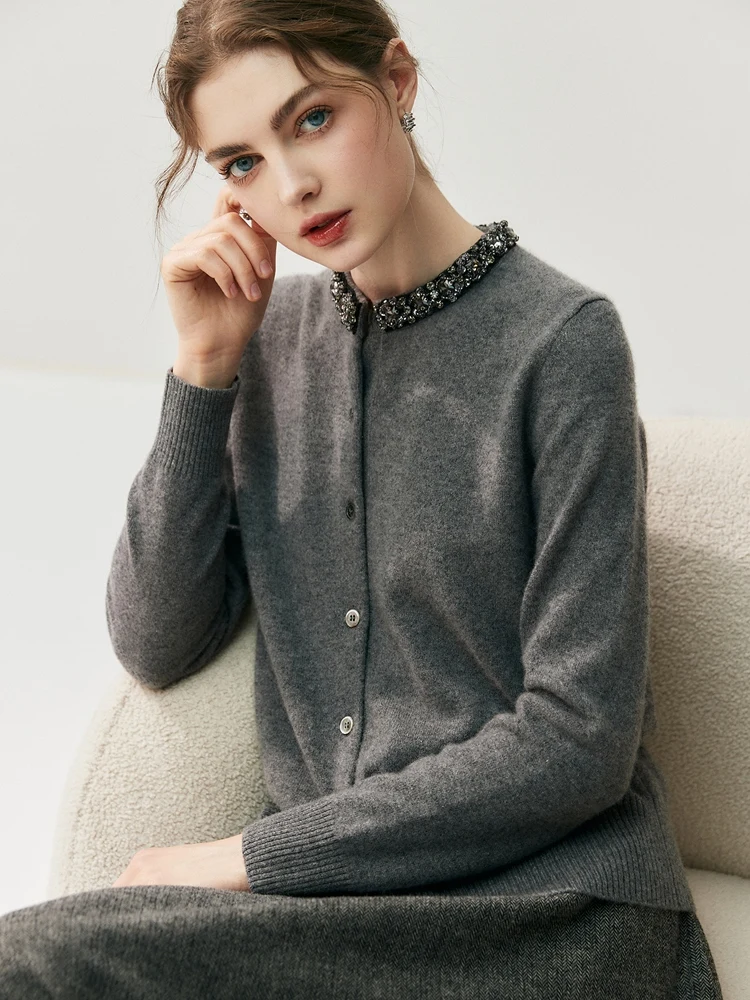 ADDONEE Women's 100% Cashmere Sweater Beading Collar O-neck Long Sleeve Cardigan Autumn Winter Office Lady Grace Cashmere Knit