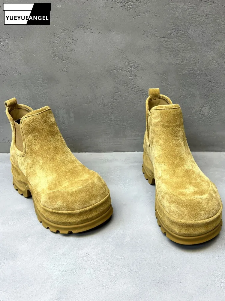 Autumn Women Thick Platform Real Cow Suede Leather Ankle Boots Slip On Chelsea Boots Vintage Round Toe Work Biker Safety Shoes