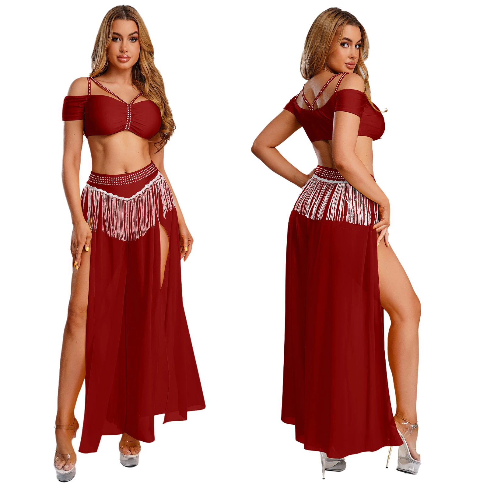 المرأة مثير الشرقية الهندية أداء الرقص الشرقي زي الهذيان الزي الراين المحاصيل الأعلى مع كولوتيس الشيفون بنطال ذو قصة أرجل واسعة #5