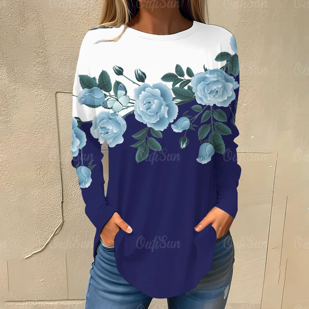 T-shirt da donna floreali alla moda tendenza autunnale T-shirt a maniche lunghe in bianco e nero Casual abbigliamento donna sciolto Streetwear top