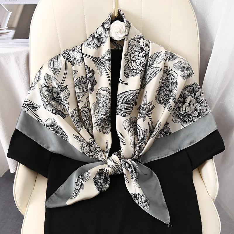 Spring Autumn Flower Printed Scarf Square Travel Beach Ladies Fashion Imitated Grey Silk Shawl Hijab