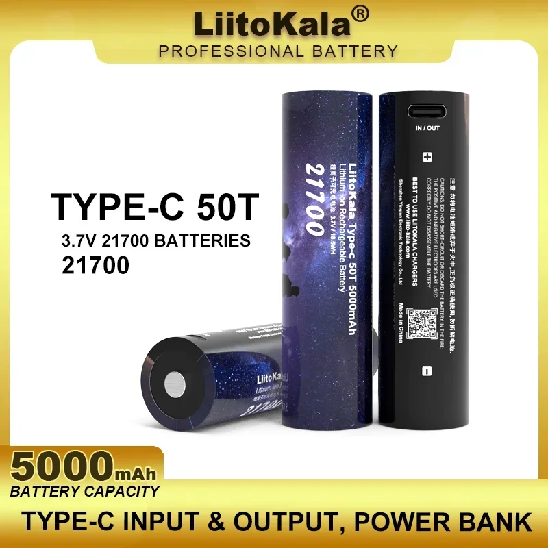 Liitokala-多機能リチウム電池,タイプC,タイプC, 50t,21700, 3.7v,5000mah,入力および出力,5v,オリジナル,2個