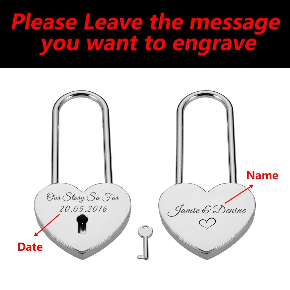 Personalized Heart Padlock Engraved Name Date Couple Love Lock with Key Honeymoon Travel Wedding Anniversary Gift for Him Her