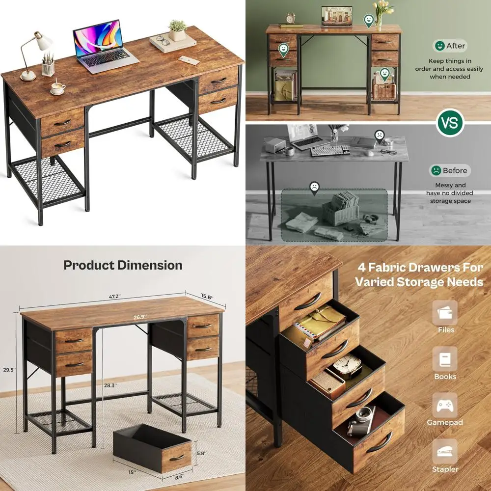 Large 47 Inch Storage Gaming Desk with 4 Drawers and Mesh Shelf for Home Office Use