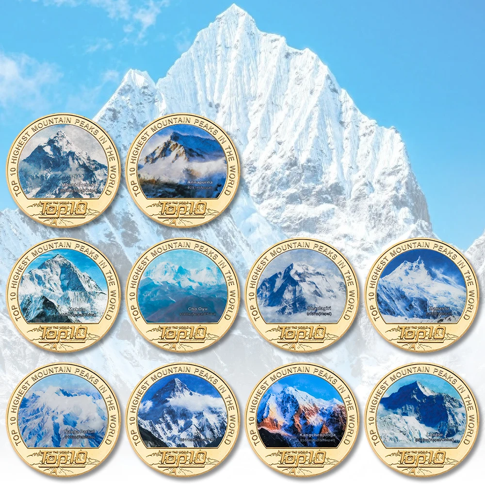 10pcs Top 10 Highest Mountain Peaks Commemorative Coin Set World Famous Summits Gold Plated Collectible