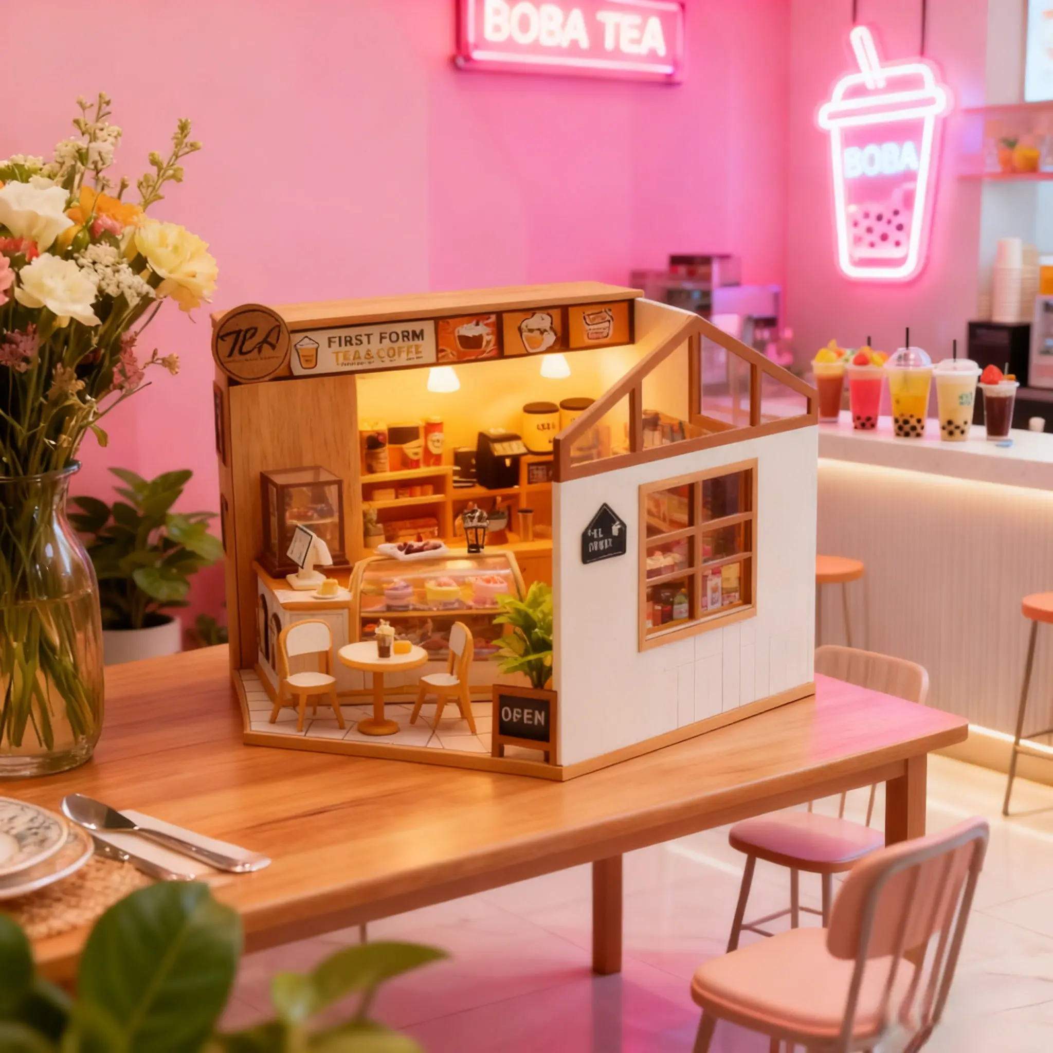 브랜드 뉴 오리지널 NFC 우든 DIY 티 하우스 돌하우스 키트 - 수제 조립 미니 모델 하우스, 창의적인 데스크탑 장식