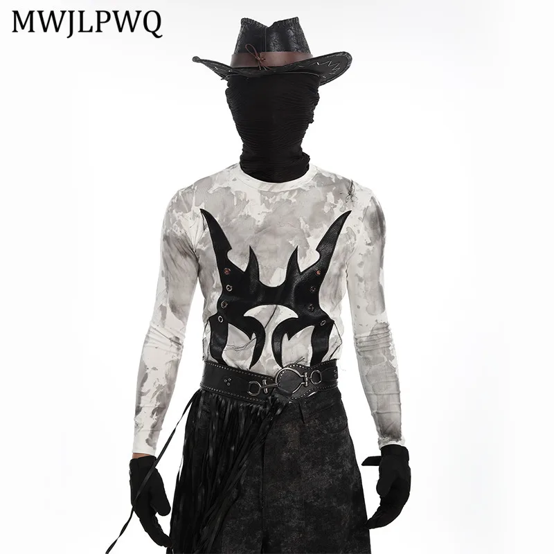 

MWJLPWQ Punk Patchwork Design T-Shirt Male High-End Round Collar Long Sleeve Streetwear Casual Slim Base Tops 2025 Autumn 11594