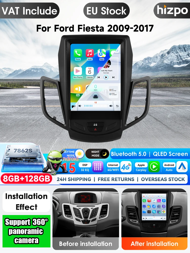 Hizpo 9,7 Zoll Tesla-Style Autoradio für Ford Fiesta 2009-2017 mit werkseitigem SYNC Android Auto 4G Wireless Carplay DSP Multimedia Player 2Din Stereo Autoradio Navigation GPS Auto AI Intelligente