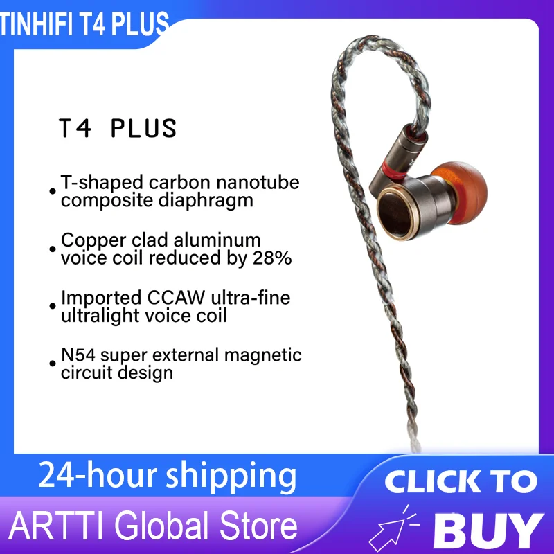 سماعات رأس سلكية داخل الأذن من TinHiFi ، T4 Plus ، IEMs HiFi ، 10 مللي متر ، سائق ديناميكي ، غشاء مركب من الكربون ، كابل قابل للفصل