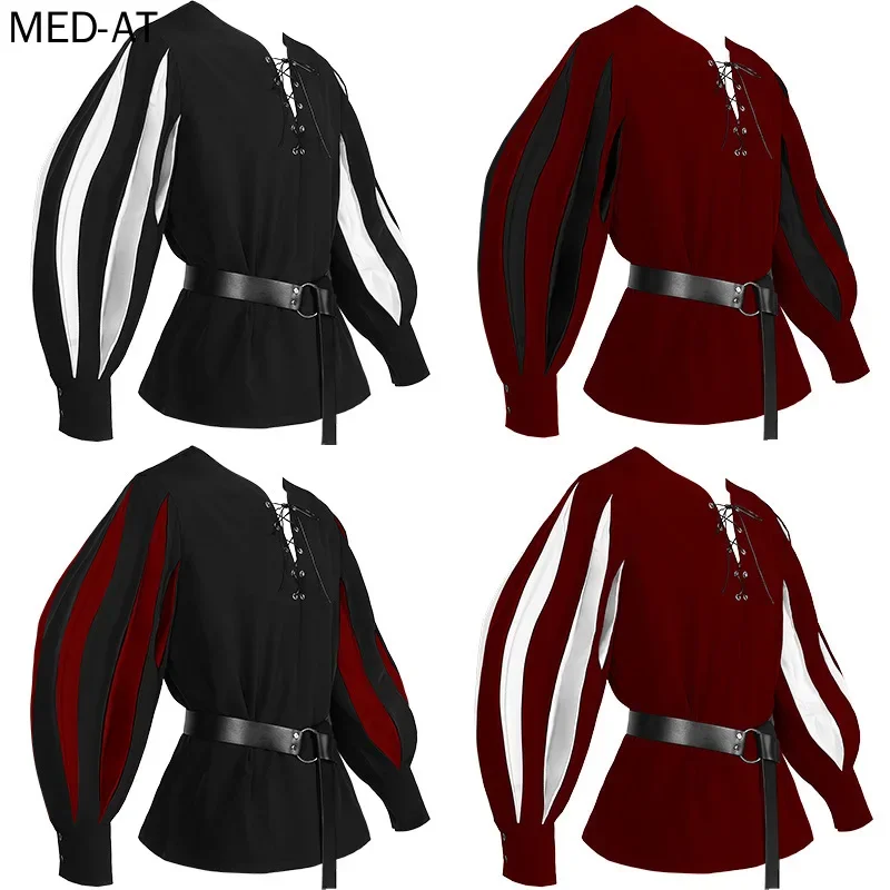 الرجال القرون الوسطى تأثيري هالوين المحارب فارس تونك قميص مربوط Lansquenet Larp فايكنغ زي القراصنة الدانتيل يصل الملابس