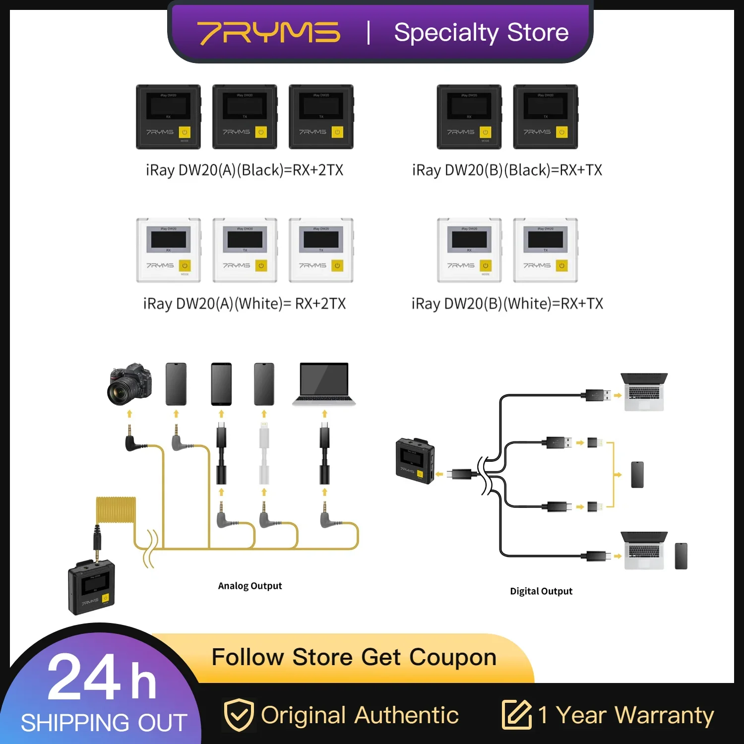 7RYMS iRay DW20 2.4G Dual-channel Wireless Microphone, widely compatible with smartphone, computer, camera and other equipment