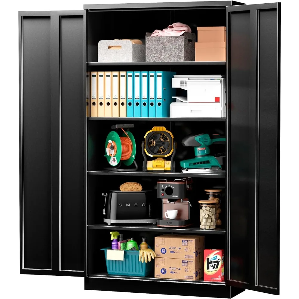 

Metal Garage Storage Cabinet with Lock, Doors and Adjustable Shelves, Black Lockable Metal Cabinets for Garage, Warehouse, Tool