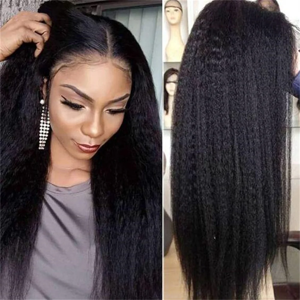 Wig panjang tanpa lem lembut Kinky lurus Yaki hitam alami 24 inci renda depan untuk wanita dengan rambut sintetis bayi prepked harian