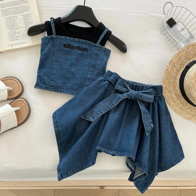

Girls Suit2025Summer New Sleeveless Denim Strap Top+Vest Top+ Three-piece Skirt Set