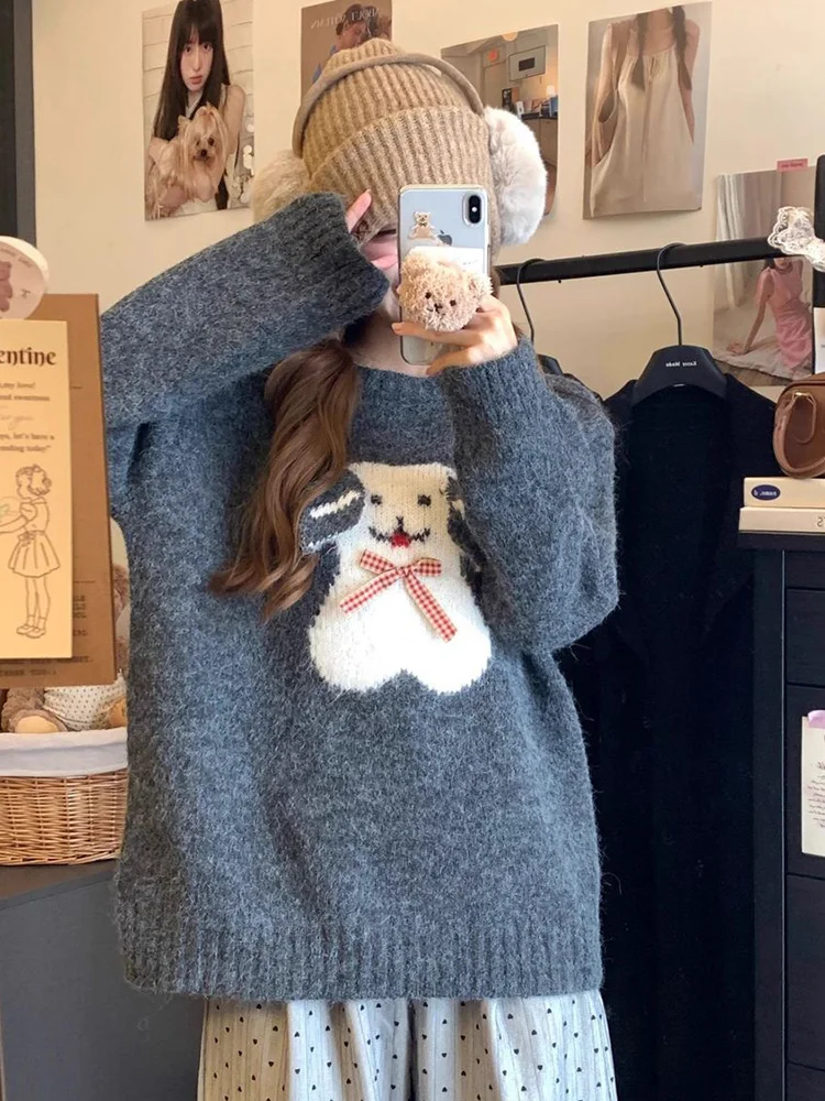 Christmas Red Cute Cartoon Sweater Women Vintage O Neck Sweet Bow Knitted Jumper Casual Lazy Wind Female Long Sleeve Pullover