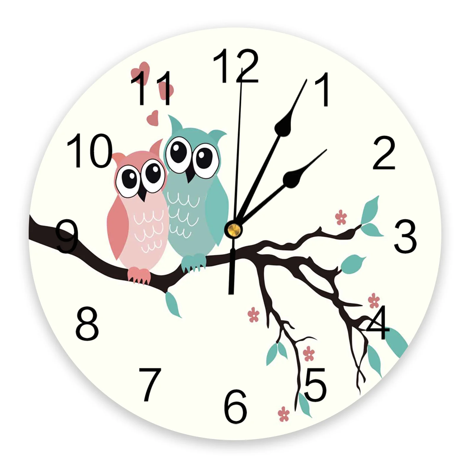 Branch Owl Love PVC No Ticking Wall Clock Wall Decor Kitchen Digital Clock Modern Design Bedroom Round Wall Watch