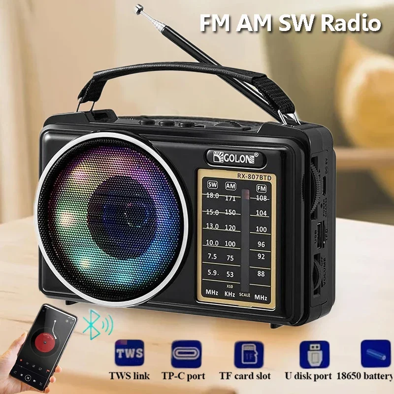 Rádio portátil fm am sw, receptor de rádios de banda completa, luz ambiente colorida, alto-falante bluetooth, conexão sem fio tws, reprodutor de música