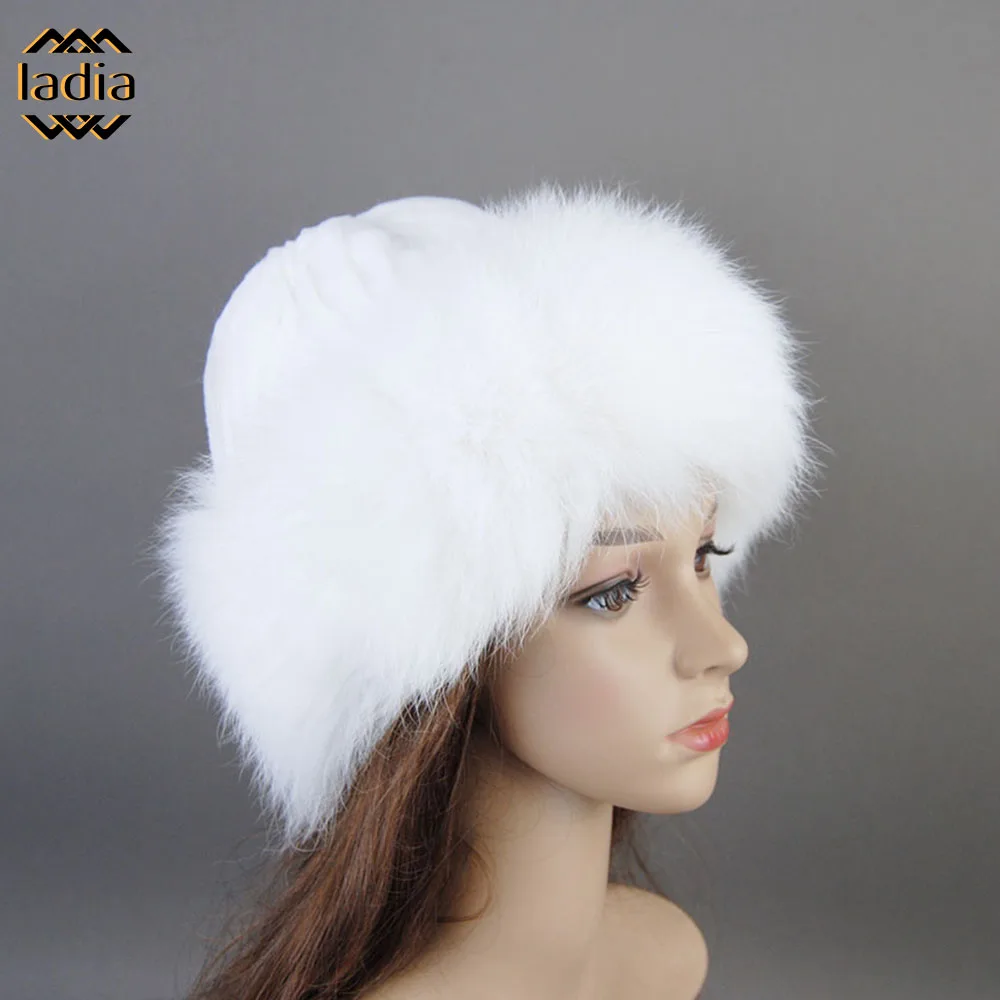 

Winter Autumn Lady Women Real Genuine Fox And Rex Rabbit Fur Knitted Hats Luxury Warm Solid Cap Thick Beanie Russian Women's Hat