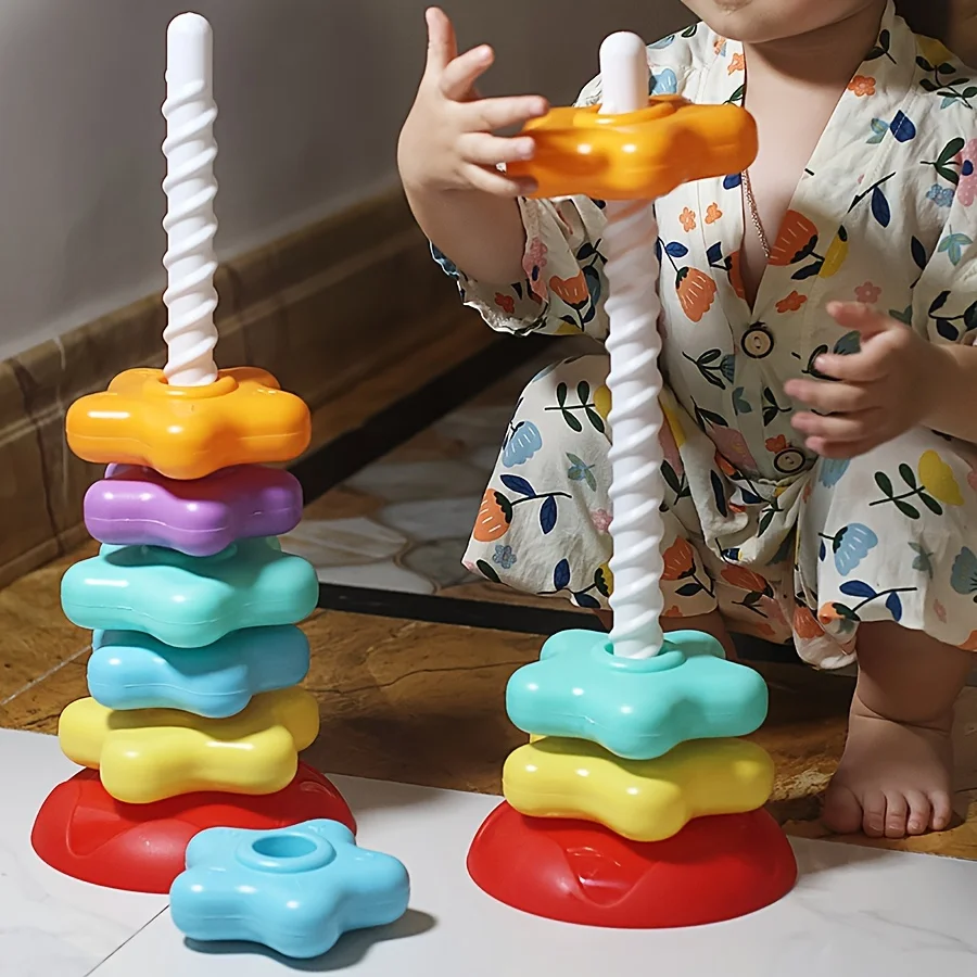 Montessori Rotating Rainbow Tower Baby Stacking Puzzle Toys Safety AndEnvironmental Protection Colored Children's Toys