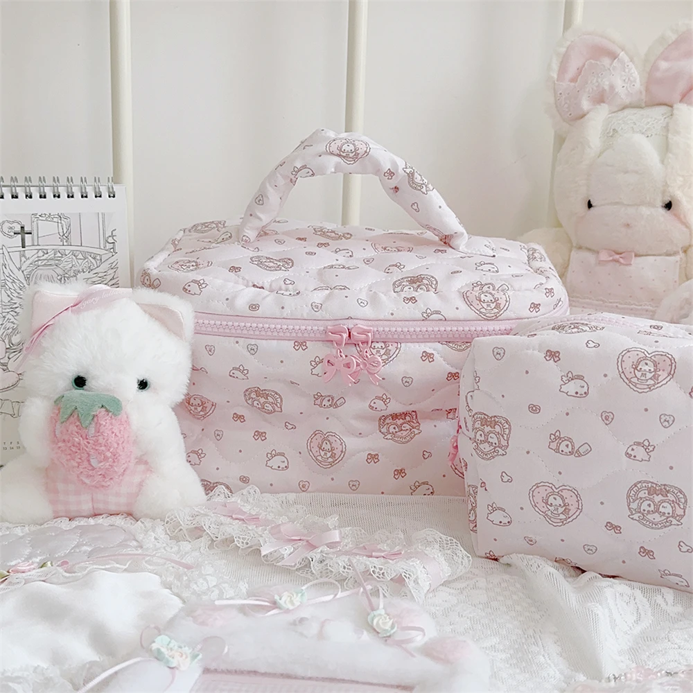 Cute Girl Heart Wave Point Storage Bag Pink Cartoon Seal Printed Portable Handheld Storage Bag Travel Room Storage Bag