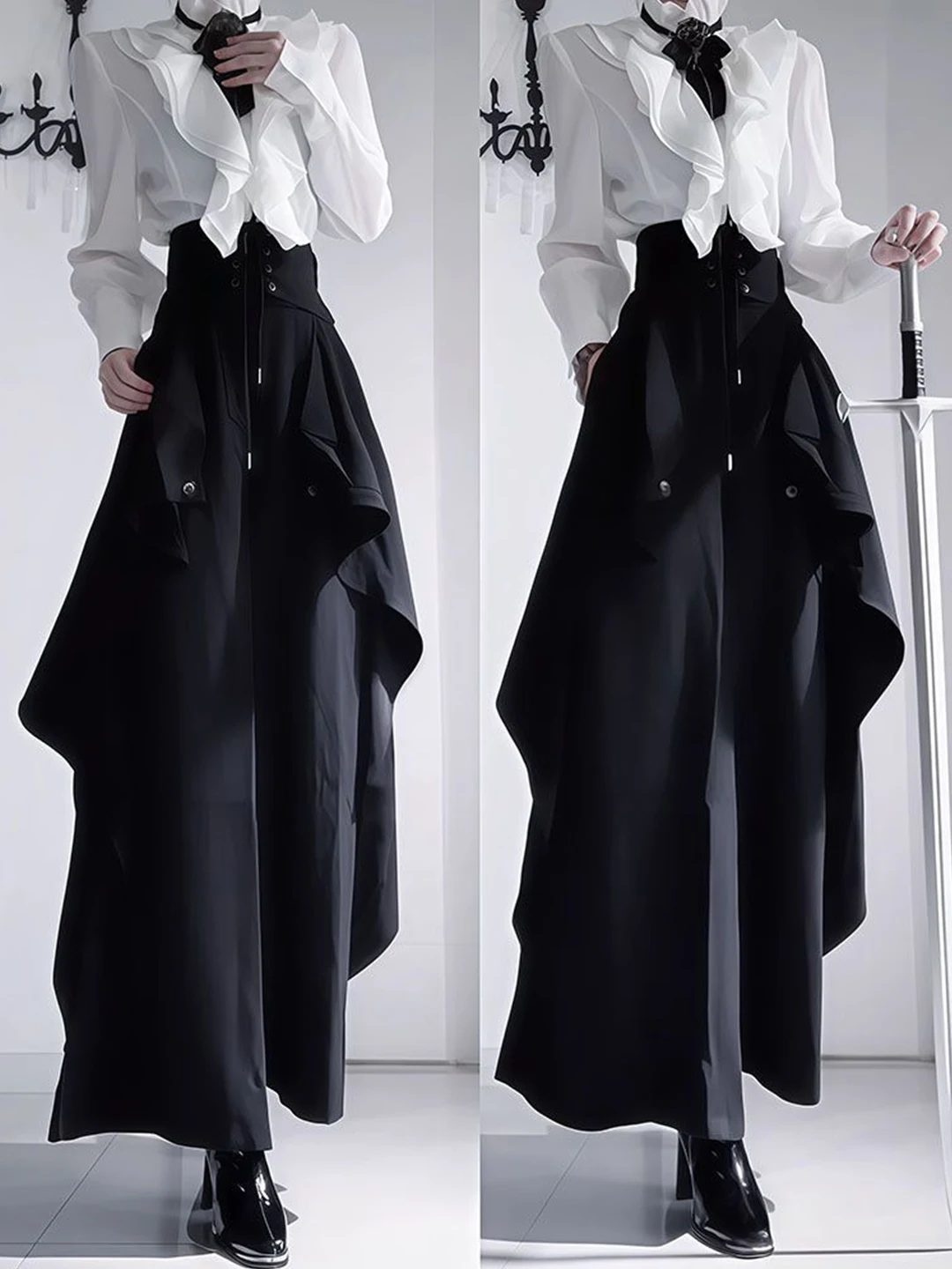 Gothic Knight Three-Piece Set White Lace Shirt Waist Belt Black Irregular Pants Unisex Fashion Autumn Spring Collection