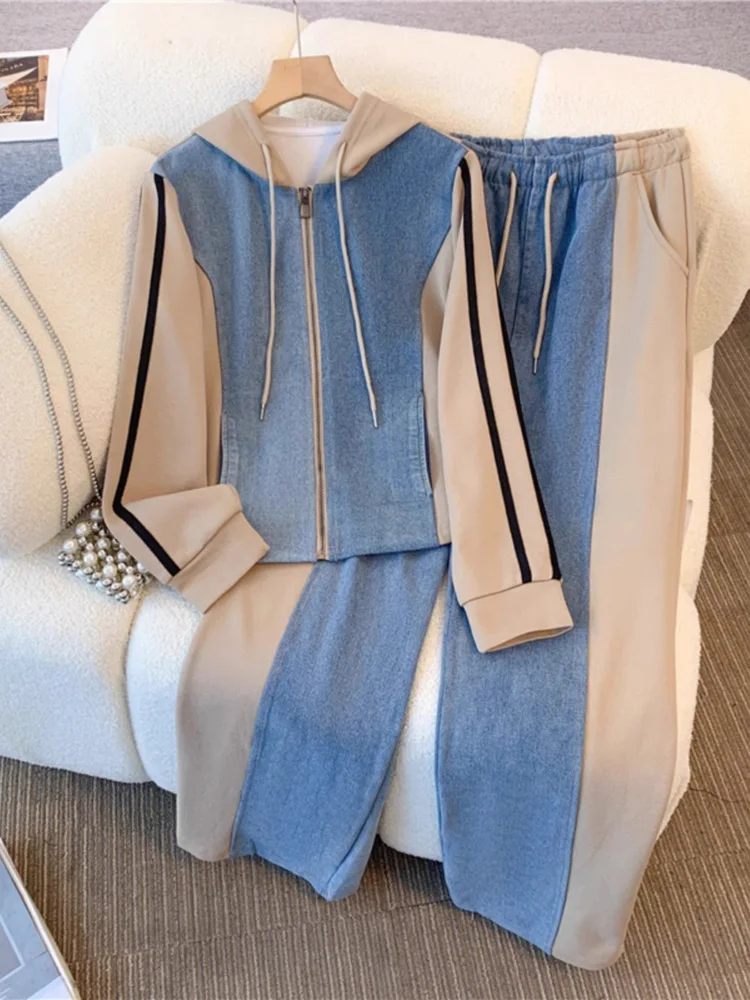 Casual Pant Sets Women Denim 2 Pieces Set Fashion Long Sleeve Hooded Top Drawstring Wide Trousers 2024 Autumn Lady Suit