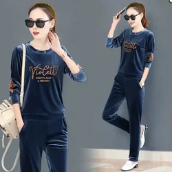 Women's Fashion Sports Suit Spring Autumn 2022 New Pleuche Sweater Round Neck Tops Pants 2 Two Piece Set Casual Running Outfits