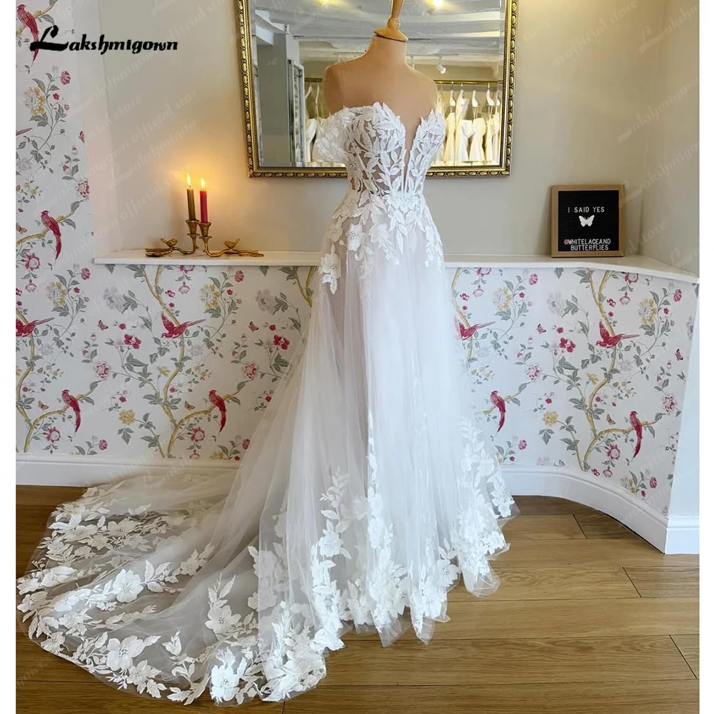 Lakshmigown Vintage Off-Shoulder Hochzeitskleider A-Linie Spitzenapplikationen Tüll Brautkleid De Mariee Boho Hochzeitskleid Maßanfertigung – Detail 5