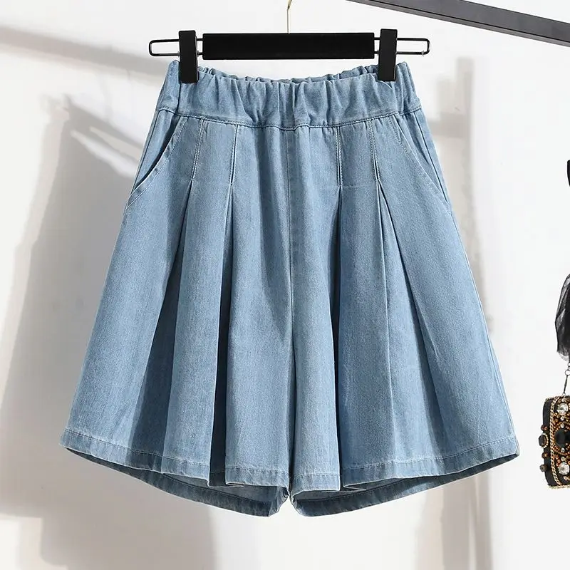 Shorts de Denim Casuais Versáteis para Mulheres, Novo Verão, Design Plissado de Cintura Alta, Cor Sólida, Pernas Largas