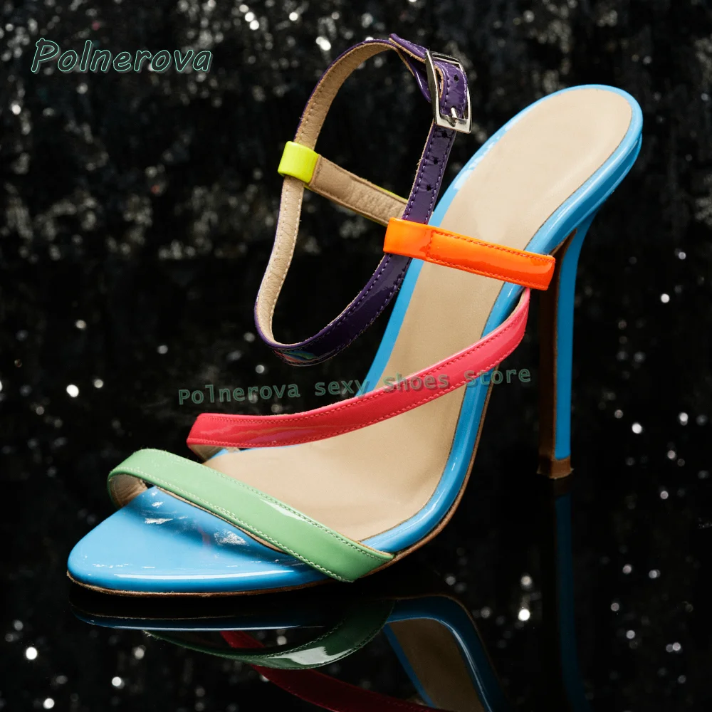 Women's Neon Rainbow Color Sandals Round Toe Stiletto Slingback Ankle Buckle Slim High Heel for Party Summer Fashion Dating Wear