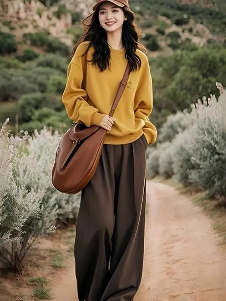

Chic Casual Yellow Hoodie And Wide Leg Pants Women's Two Piece Set Spring Autumn New Style Age Reduction Comfortable Fashion Set