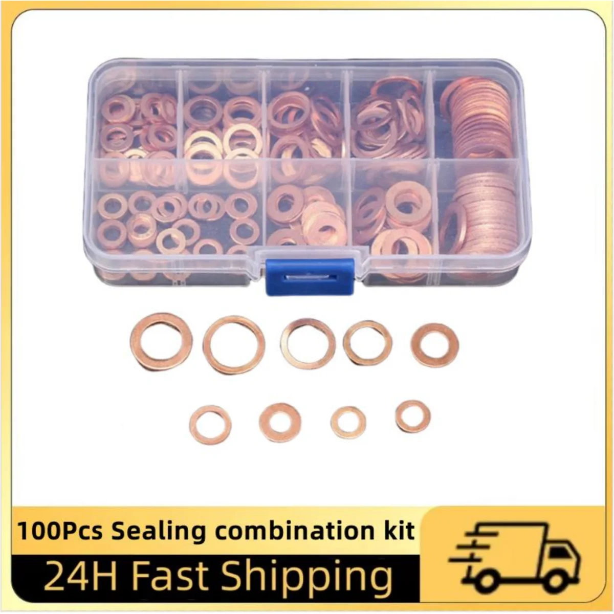 

100Pcs Copper Washer Gasket Nut And Bolt Set Flat Ring Seal Assortment Kit With Box M4/M5/M6/M8/M10/M12/M14 For Sump Plugs