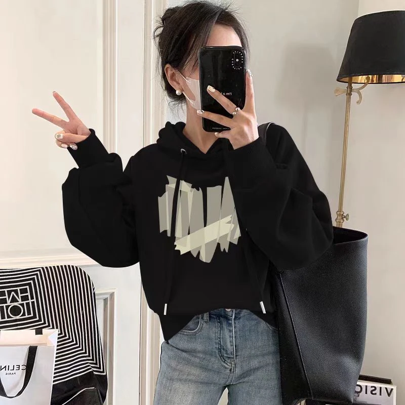 Women's Fleece-lined Hoodie Heart Print Warmth Casual Long Sleeve Sweatshirt Viscose Material Standard Length Commute Style