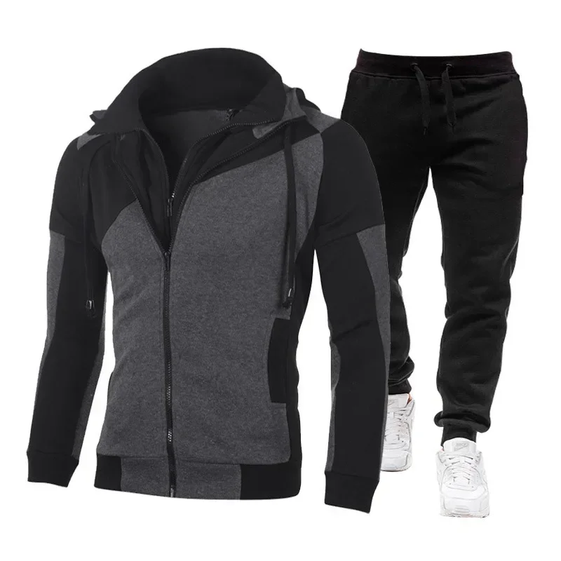 

2025 Autumn/Winter New Men's Fashion Sports Splicing Set Two Piece Double Zipper Hooded Windproof Mountaineering Windproof Suit