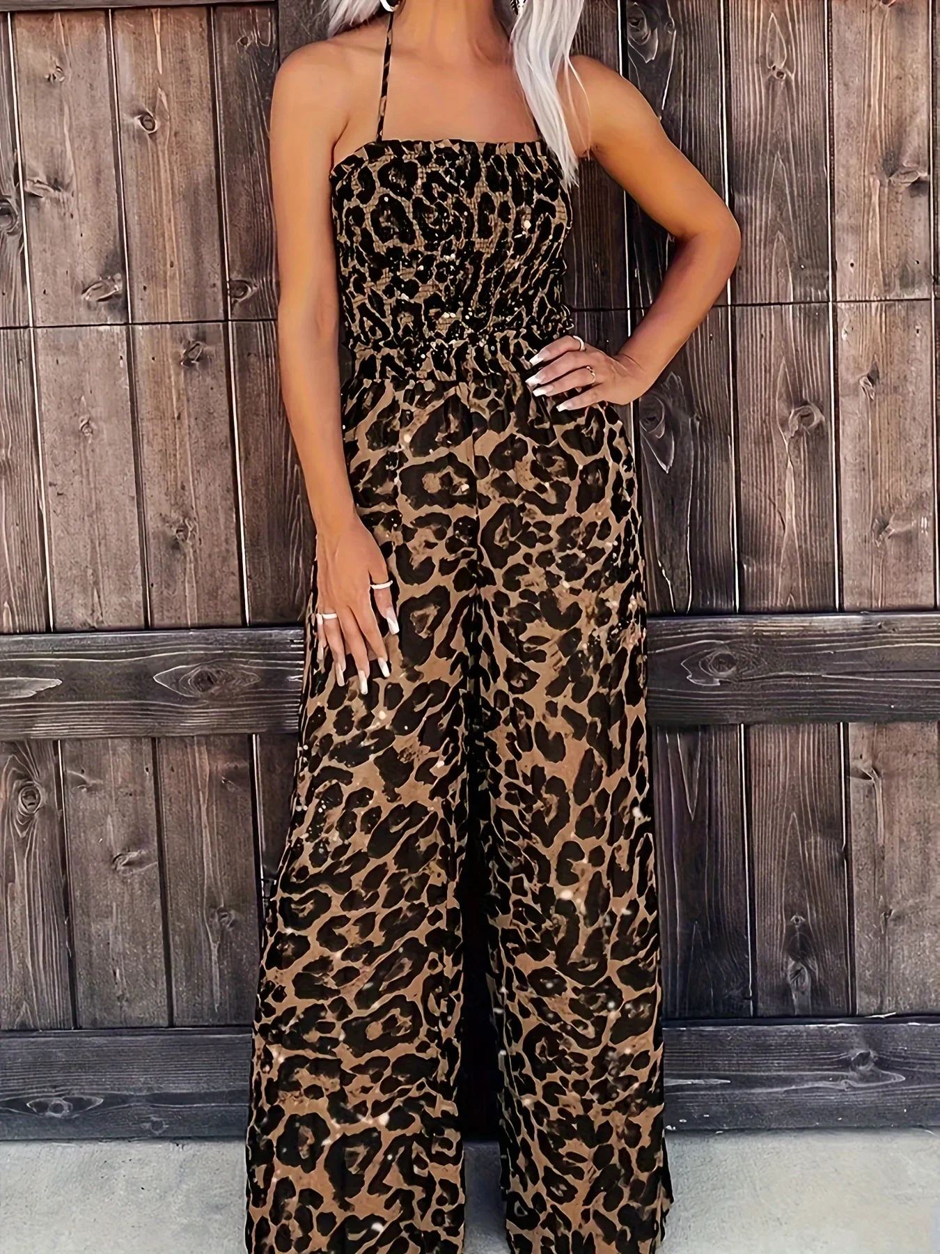 Spring and Summer Spaghetti Straps Fashionable Wide-leg Leopard Print Jumpsuit Temperament Slim High Waist Pleated Jumpsuit