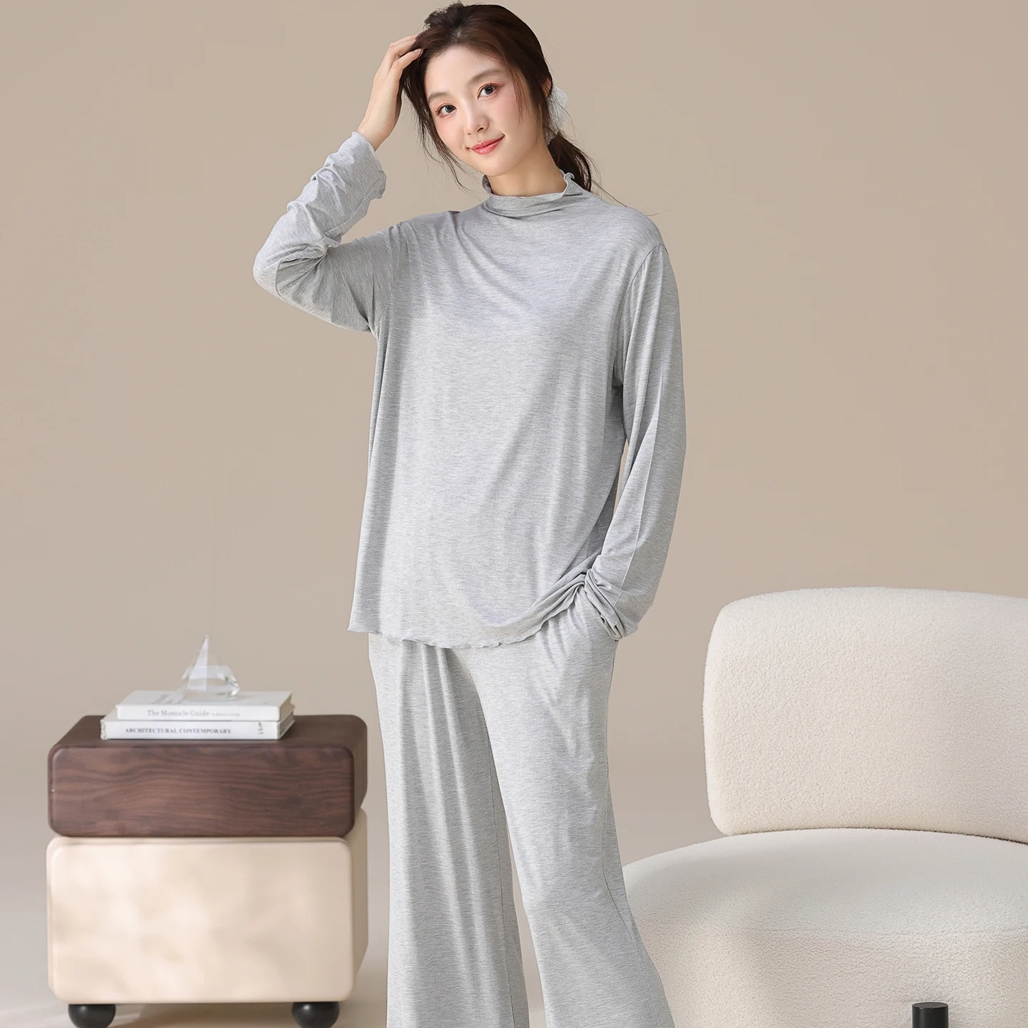 Autumn High Neck Women Pajamas Solid Pyjamas Set Korean 2 Pcs Sets Sweet Pijamas Mujer Casual Tracksuit Sleepwear Home Clothes