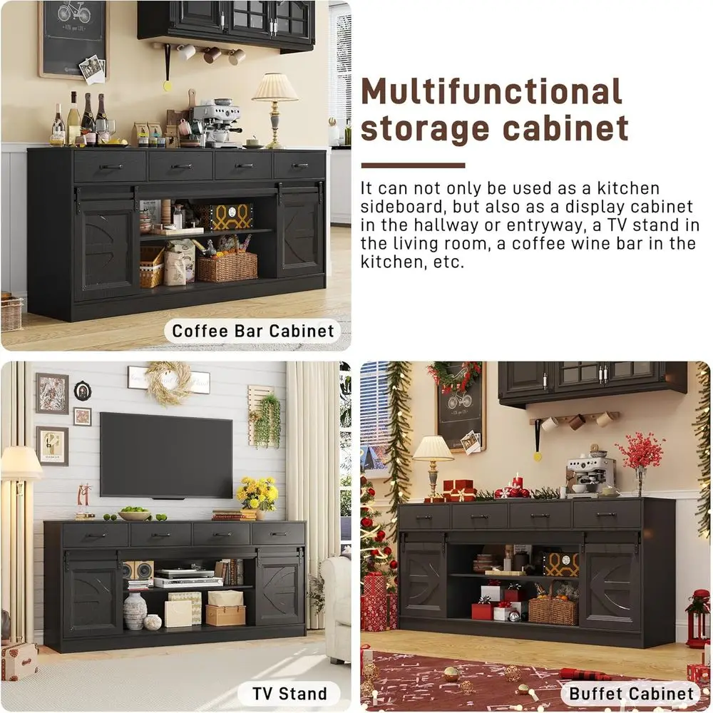 70 Large Elegant Sideboard Cabinet with 4 Drawers, Sliding Door, and Built-in Bar, Ideal for Dining or Living Room, Black
