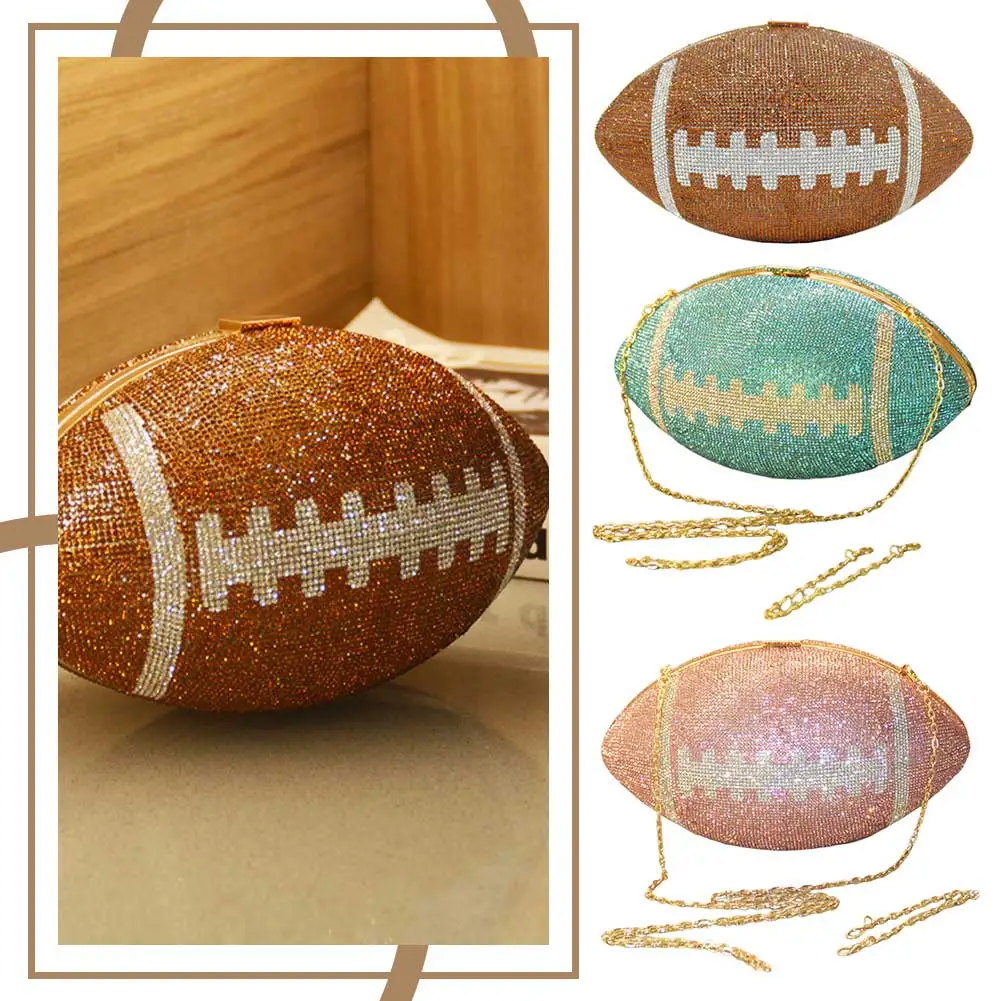 Football Shape Evening Bag Large Capacity Rhinestone Clutch Bag Creative Fashion Handbag with Shoulder Chain Trendy Carrying Bag