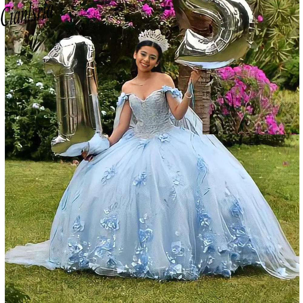 Sky Blue Baljurk Quinceanera Jurken Met Cape Vestidos De 15 Años 2022 Applique Bloemen Backless Zoete 16 Jurk Pageant jassen