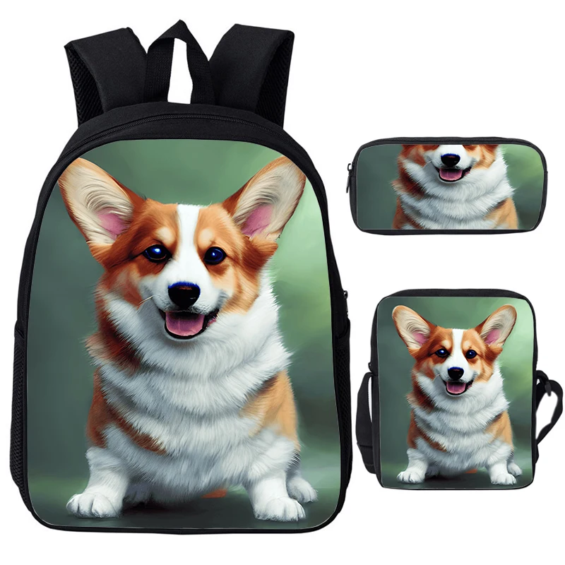 3Pcs Nylon Backpack with Cute Dogs Printing School Bags German Shepherd Kids Bags for Boys Girls Large Capacity Children Daypack