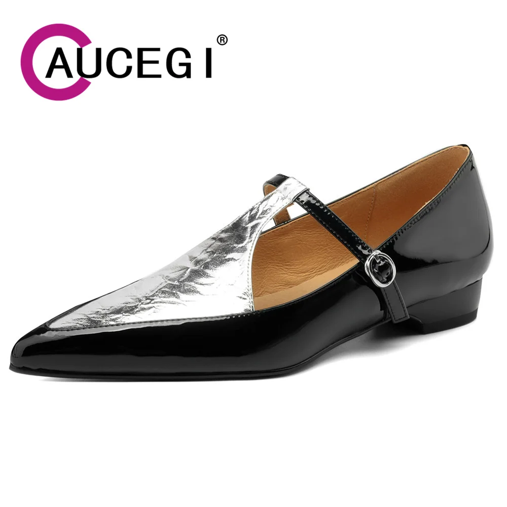 

Aucegi 2024 Spring Pointed Toe Women T-Strap Flats Heels Fashion Buckle Casual Mixed Color Street Quality Leather Work Footwear