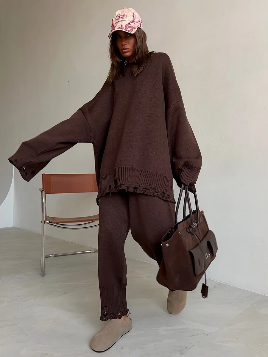 Blubelle Women's New Autumn Winter Turtleneck Knit Sweater Skinny Knit Pants Set Soft Oversized Ripped Hem Fashion Pullover Sets
