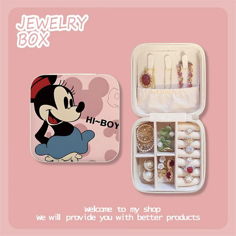 Cute Miniso Disney Jewelry Box Cartoon Mini Portable Earrings Ring Necklace Bracelet Pu Storage Box Kawaii Girl Birthday Gifts